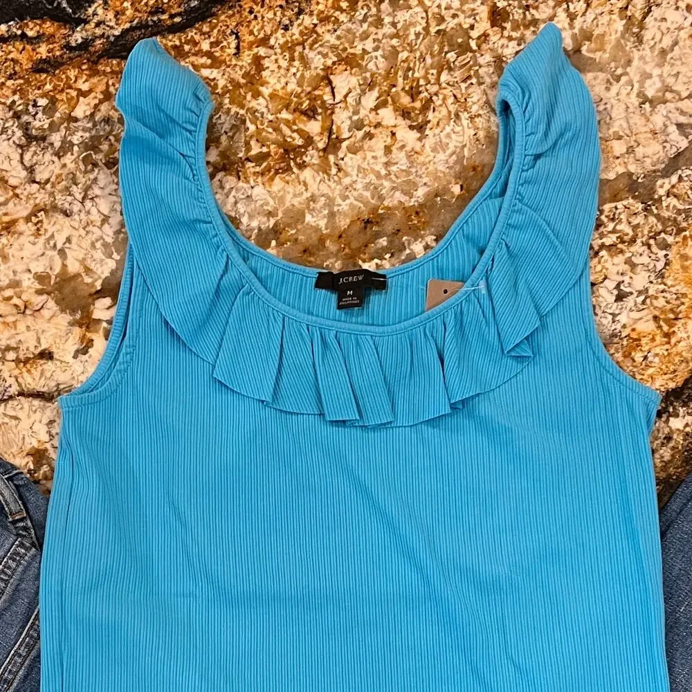 NWT J Crew Turquoise Ruffle-Neck Ribbed Tank Top